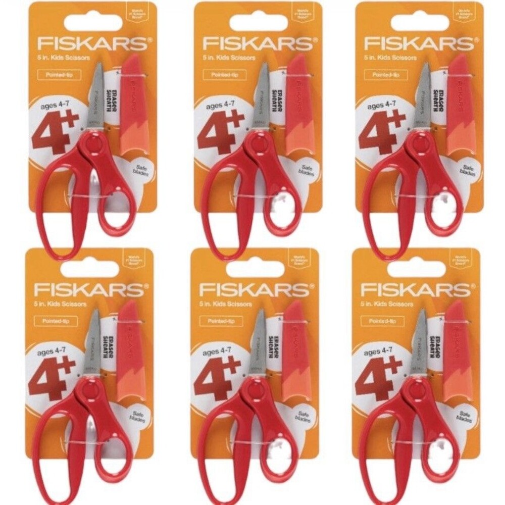 6x Fiskars 5" Kids Scissors Pointed Tip Eraser Sheath Ages 4+ Red